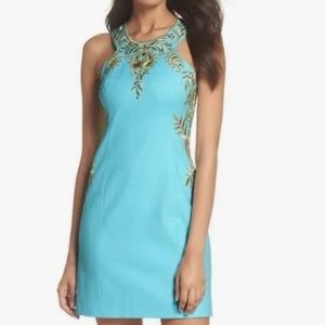 Lilly Pulitzer Tina Stretch Shift Dress Blue Ibiza and Gold Embellishments 12